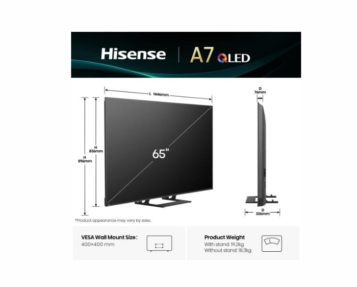 Hisense 65" A7Q, 4K Ultra HD 3840x2160, QLED, HDR 10+, HLG, Dolby Vision, Dolby Atmos, Smart TV, Сензор за светлина, WiFi Direct, BT, Anyview Cast, 3xHDMI, 2xUSB, LAN, CI+, DVB-T2/C/S2, Черен