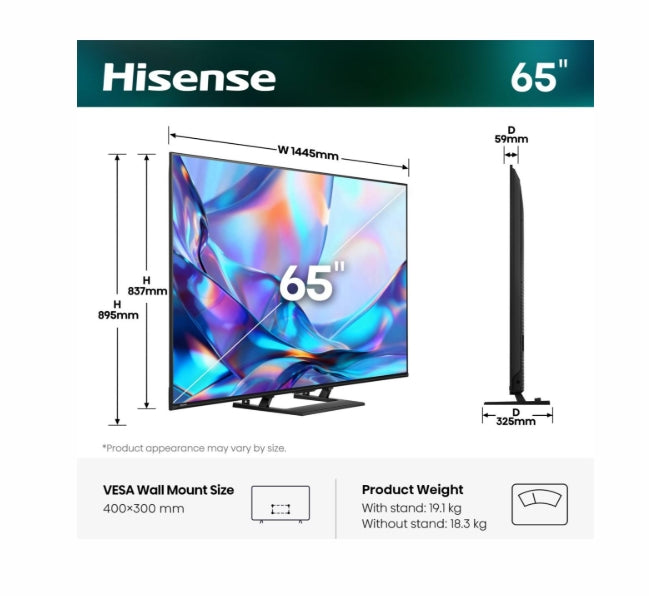 Hisense 65" A7S, 4K Ultra HD 3840x2160, QLED, HDR 10+, HLG, Dolby Vision, Dolby Atmos, Smart TV, сензор за светлина, WiFi Direct, BT, Anyview Cast, 3xHDMI, 2xUSB, LAN, CI+, DVB-T2/C/S2, черен