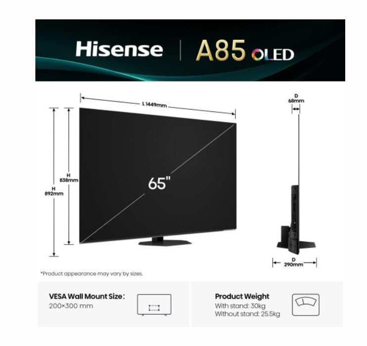 Hisense 65" A85Q, 4K UHD OLED Smart TV, 120Hz, 1000 нита, HDMI 2.1, Game Mode Pro, AMD FreeSync Premium, Dolby Vision IQ & Atmos, Bluetooth, Alexa Built-in, Черен
