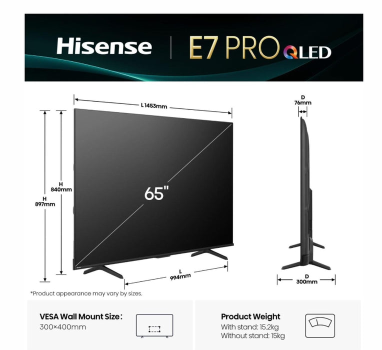 Hisense 65" E7Q Pro, 4K Ultra HD 3840x2160, QLED, Quantum Dot, 144Hz, HDR 10+ adaptive, HLG, Dolby Vision, DTS Virtual X, Smart TV, WiFi 5GHz, WiFi Direct, BT, Anyview Cast, 4xHDMI, 2xUSB, LAN, CI+, DVB-T2/C/S2, Черен