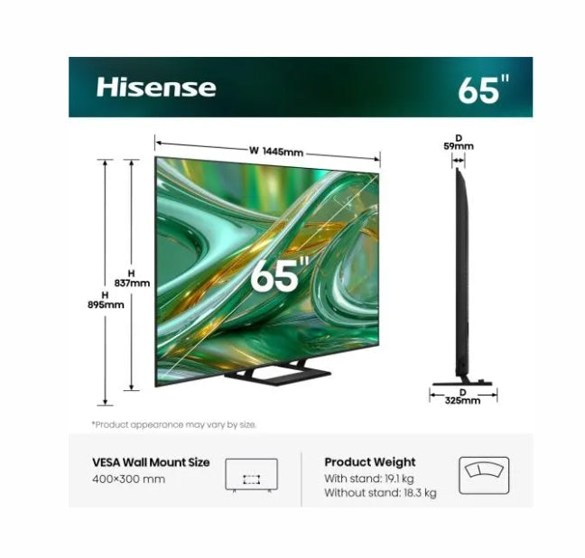 Hisense 65"E8S, 4K Ultra HD 3840x2160, ULED, Quantum Dot, 144 MHz, HDR 10+, HLG, Dolby Vision, Smart TV, сензор за светлина, WiFi Direct, BT, Anyview Cast, вграден, субуфер, 4xHDMI, 2xUSB, LAN, CI+, DVB-T2/C/S2, черен