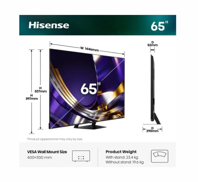 Hisense 65"U7S Pro, 4K Ultra HD 3840x2160, ULED, FALD, Quantum Dot, 165Hz, IPS, HDR 10+, HLG, Dolby Vision IQ, Dolby Atmos, Smart TV, WiFi 5GHz, WiFi Direct, BT, Anyview Cast, сензор за светлина, дистанционно управление със слънчева енергия, 4xHDMI, 2xUSB