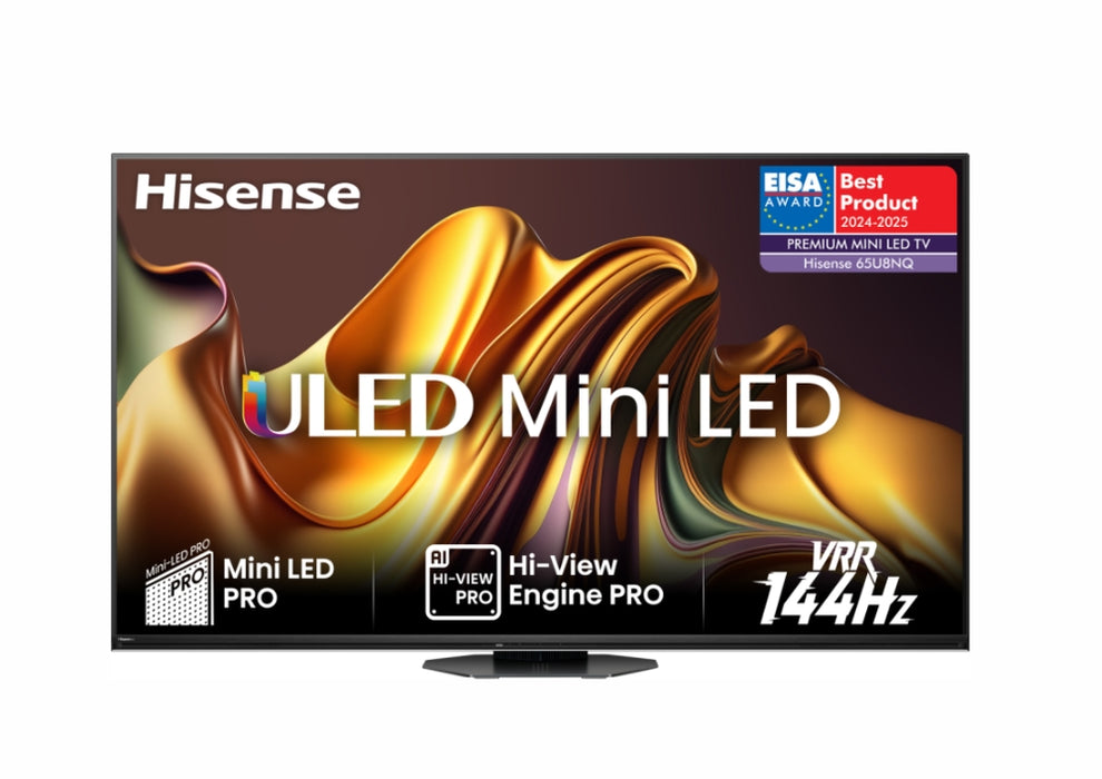 Hisense 65" U8NQ, 4K Ultra HD 3840x2160, ULED Pro, FALD, Quantum Dot, 144Hz, IPS, HDR 10+, HLG, Dolby Vision IQ, Dolby Atmos, Smart TV, Сензор за светлина, WiFi 5GHz, WiFi Direct, BT, Anyview Cast, 4xHDMI, 2xUSB, LAN, CI+, DVB-T2/C/S2, черен