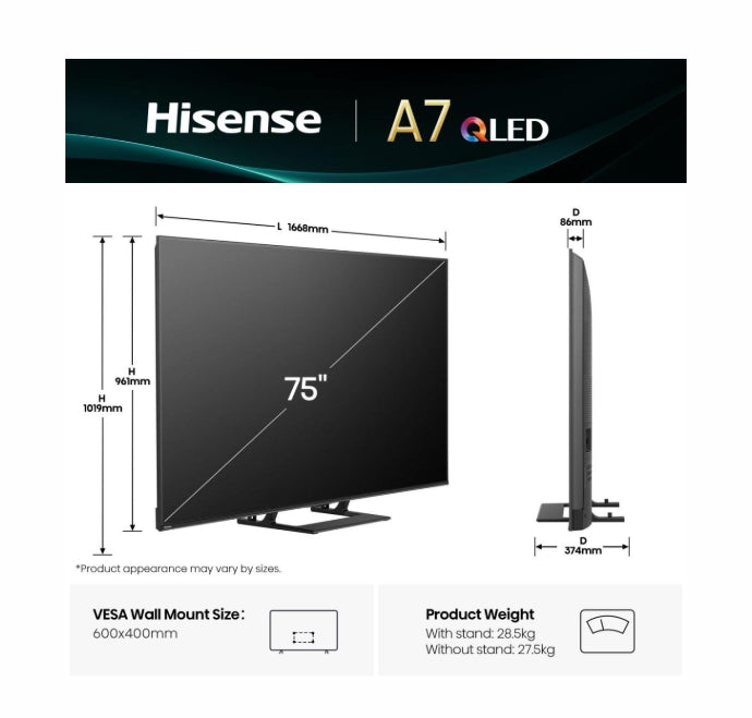 Hisense 75" A7Q, 4K Ultra HD 3840x2160, QLED, HDR 10+, HLG, Dolby Vision, Dolby Atmos, Smart TV, Светлинен сензор, WiFi Direct, BT, Anyview Cast, 3xHDMI, 2xUSB, LAN, CI+, DVB-T2/C/S2, Черен