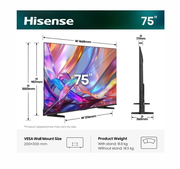 Hisense 75" E7S, 4K Ultra HD 3840x2160, QLED, Quantum Dot, HDR 10+, HLG, Dolby Vision, DTS Virtual X, Smart TV, Светлинен сензор, WiFi Direct, BT, Anyview Cast, 3xHDMI, 2xUSB, LAN, CI+, DVB-T2/C/S2, Черен