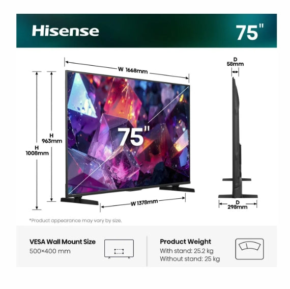 Hisense 75" E7S Pro, 4K Ultra HD 3840x2160, QLED, Quantum Dot, 144Hz, HDR 10+ адаптивен, HLG, Dolby Vision, Hi-Concerto, Dolby Vision Atmos, Smart TV, WiFi 5GHz, WiFi Direct, сензор за светлина, BT, Anyview Cast, 4xHDMI, 2xUSB, LAN, CI+, DVB-T2/C/S2, чере