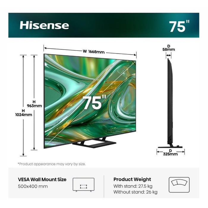 Hisense 75" E8S, 4K Ultra HD 3840x2160, ULED, Quantum Dot, 144 Hz, HDR 10+, HLG, Dolby Vision, DTS Virtual X, Smart TV, Светлинен сензор, WiFi Direct, BT, Anyview Cast, 3xHDMI, 2xUSB, LAN, CI+, DVB-T2/C/S2, Единична стойка, Черен