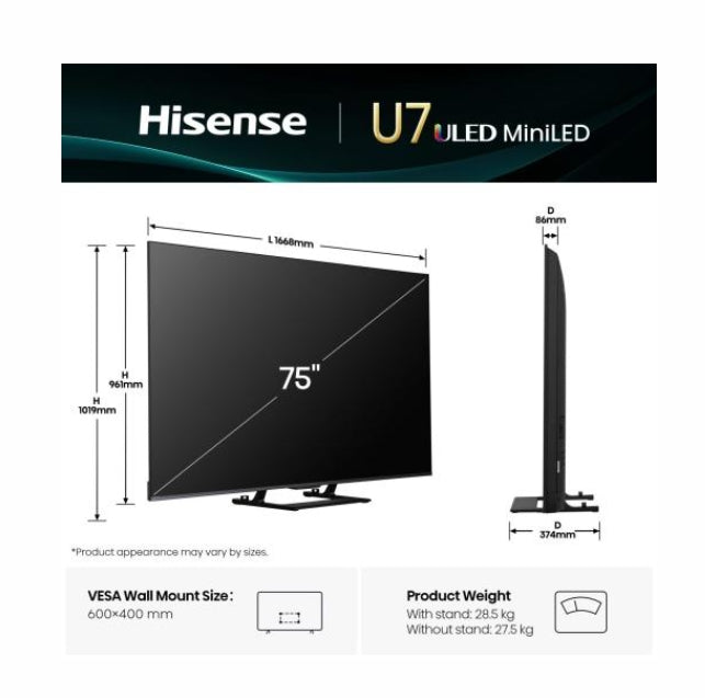Hisense 75"U7Q, 4K Ultra HD 3840x2160, ULED, FALD, Quantum Dot, 144Hz, IPS, HDR 10+, HLG, Dolby Vision IQ, Dolby Atmos, Smart TV, WiFi 5GHz, WiFi Direct, BT, Anyview Cast, сензор за светлина, 4xHDMI, 2xUSB, LAN, CI+, DVB-T2/C/S2, черен
