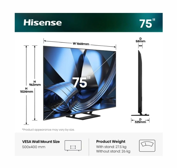 Hisense 75"U7SE, 4K Ultra HD 3840x2160, ULED, FALD, Quantum Dot, 144Hz, IPS, HDR 10+, HLG, Dolby Vision IQ, Dolby Atmos, Smart TV, WiFi 5GHz, WiFi Direct, BT, Anyview Cast, сензор за светлина, 4xHDMI, 2xUSB, LAN, CI+, DVB-T2/C/S2, черен