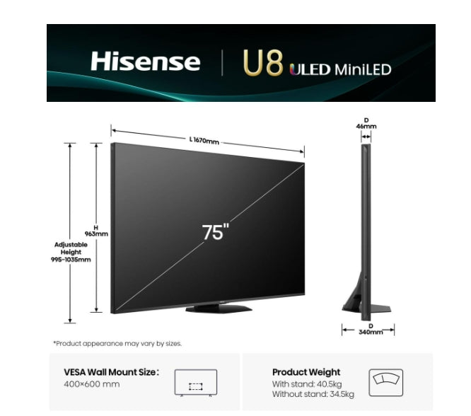 Hisense 75" U8Q, 4K Ultra HD 3840x2160, Mini LED Pro, FALD, Quantum Dot, 165Hz, IPS, HDR 10+, HLG, Dolby Vision IQ, Dolby Atmos, Smart TV, Светлинен сензор, WiFi 5GHz, WiFi Direct, BT, Anyview Cast, 3xHDMI, 2xUSB, LAN, CI+, DVB-T2/C/S2, Черен