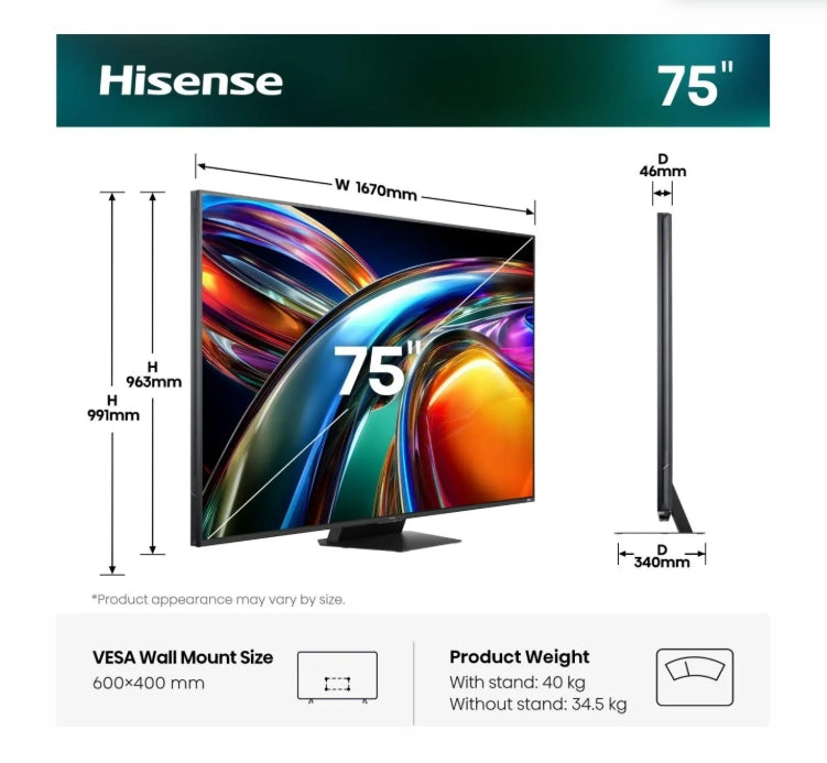 Hisense 75" UR9S, 4K Ultra HD 3840x2160, RGB Mini LED, DLED, Quantum Dot, 180Hz, IPS, HDR 10+, HLG, Dolby Vision IQ, Dolby Atmos, Smart TV, Светлинен сензор, WiFi 6eGHz, WiFi Direct, BT, 2x15 W + 2x10 W + 20 W + 2x10 W, Anyview Cast, 3xHDMI, 2xUSB, LAN, C