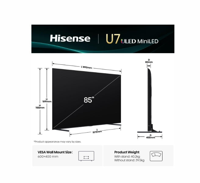 Hisense 85"U7Q, 4K Ultra HD 3840x2160, ULED, FALD, Quantum Dot, 144Hz, IPS, HDR 10+, HLG, Dolby Vision IQ, Dolby Atmos, Smart TV, WiFi 5GHz, WiFi Direct, BT, Anyview Cast, сензор за светлина, 4xHDMI, 2xUSB, LAN, CI+, DVB-T2/C/S2, черен