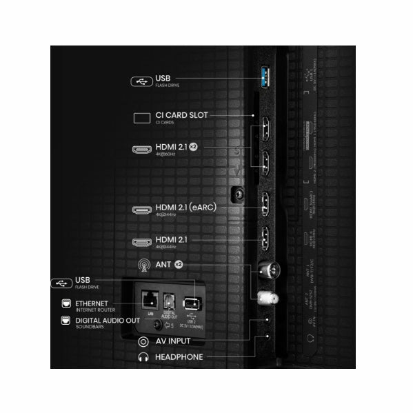 Hisense 85"U7Q, 4K Ultra HD 3840x2160, ULED, FALD, Quantum Dot, 144Hz, IPS, HDR 10+, HLG, Dolby Vision IQ, Dolby Atmos, Smart TV, WiFi 5GHz, WiFi Direct, BT, Anyview Cast, сензор за светлина, 4xHDMI, 2xUSB, LAN, CI+, DVB-T2/C/S2, черен