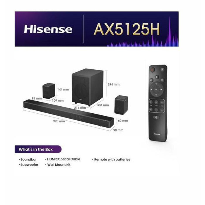 Hisense AX5125H 5.1.2Ch Sound Bar с безжичен субуфер, 500 W, Dolby Atmos, Bluetooth 5.3, 4K HDMI Pass Through, DTS:X, HDMI/AUX/ARC/Optical/USB, 7 EQ режима