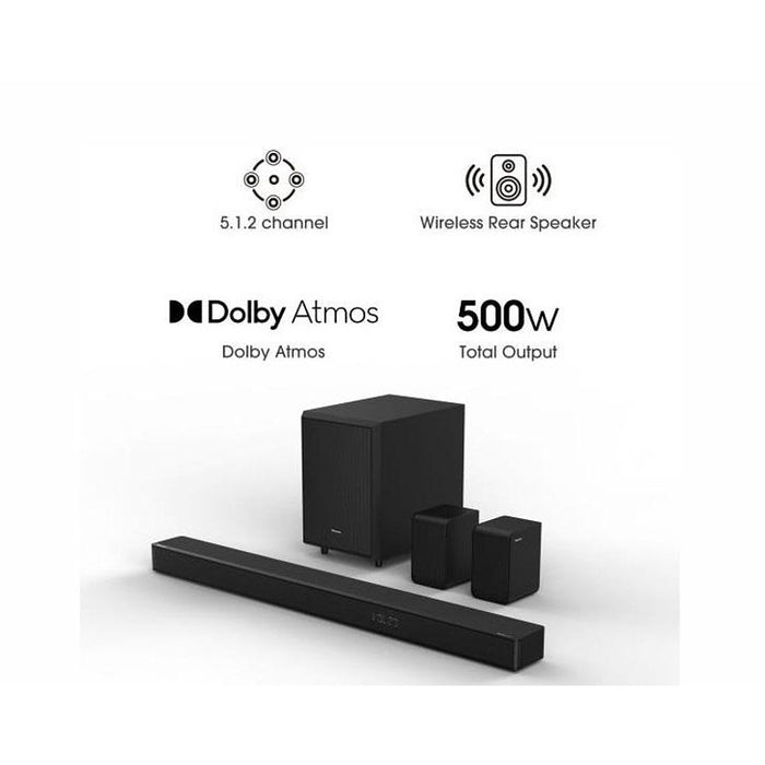 Hisense AX5125H 5.1.2Ch Sound Bar с безжичен субуфер, 500 W, Dolby Atmos, Bluetooth 5.3, 4K HDMI Pass Through, DTS:X, HDMI/AUX/ARC/Optical/USB, 7 EQ режима