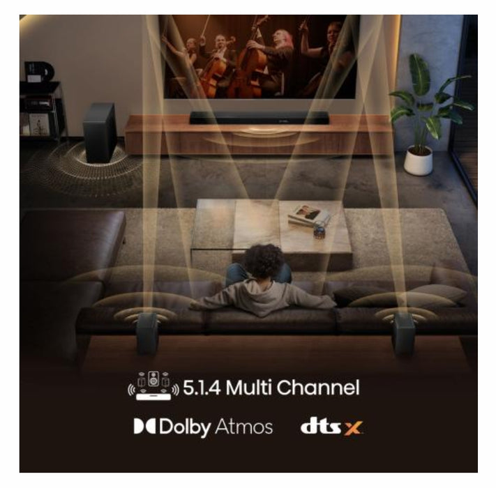 Hisense AX5140Q, 5.1.4Ch Sound Bar с безжичен субуфер, 600 W, Dolby Atmos, Bluetooth 5.3, 4K HDMI Pass Through, DTS:X, HDMI/AUX/ARC/Optical/USB, 7 EQ режима, черен