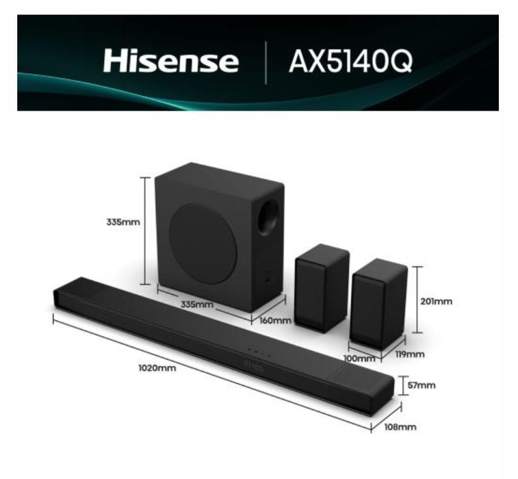 Hisense AX5140Q, 5.1.4Ch Sound Bar с безжичен субуфер, 600 W, Dolby Atmos, Bluetooth 5.3, 4K HDMI Pass Through, DTS:X, HDMI/AUX/ARC/Optical/USB, 7 EQ режима, черен