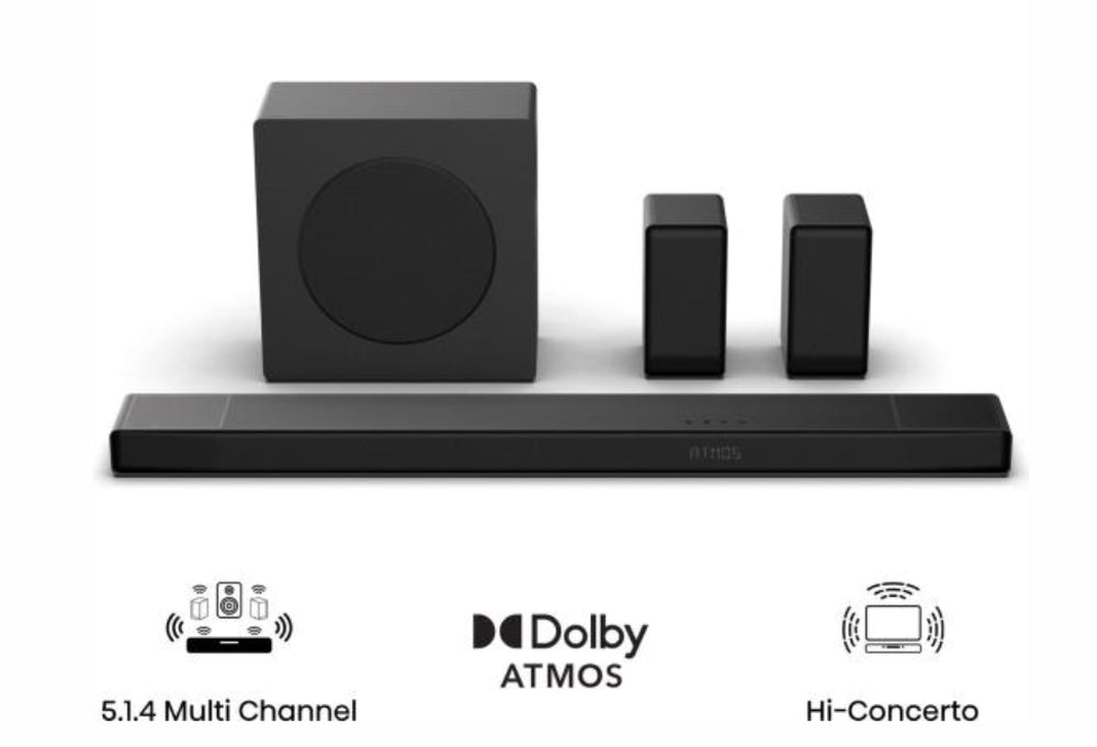 Hisense AX5140Q, 5.1.4Ch Sound Bar с безжичен субуфер, 600 W, Dolby Atmos, Bluetooth 5.3, 4K HDMI Pass Through, DTS:X, HDMI/AUX/ARC/Optical/USB, 7 EQ режима, черен
