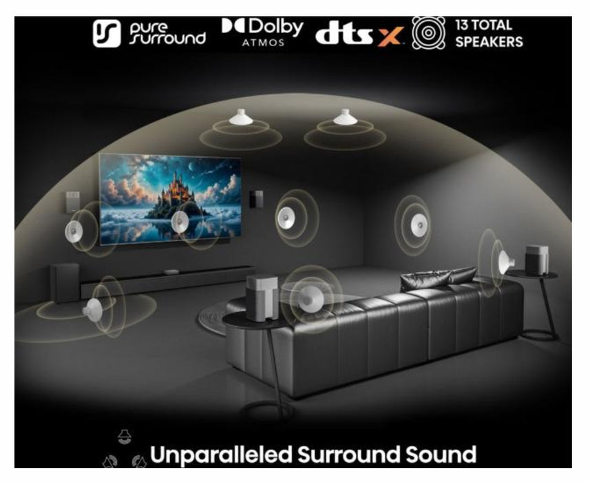 Hisense HT Saturn, 4.1.2Ch Sound Bar с безжичен субуфер, 720 W, Dolby Atmos, настроен от Devialet, DTS:X, четири сателитни високоговорителя, черен