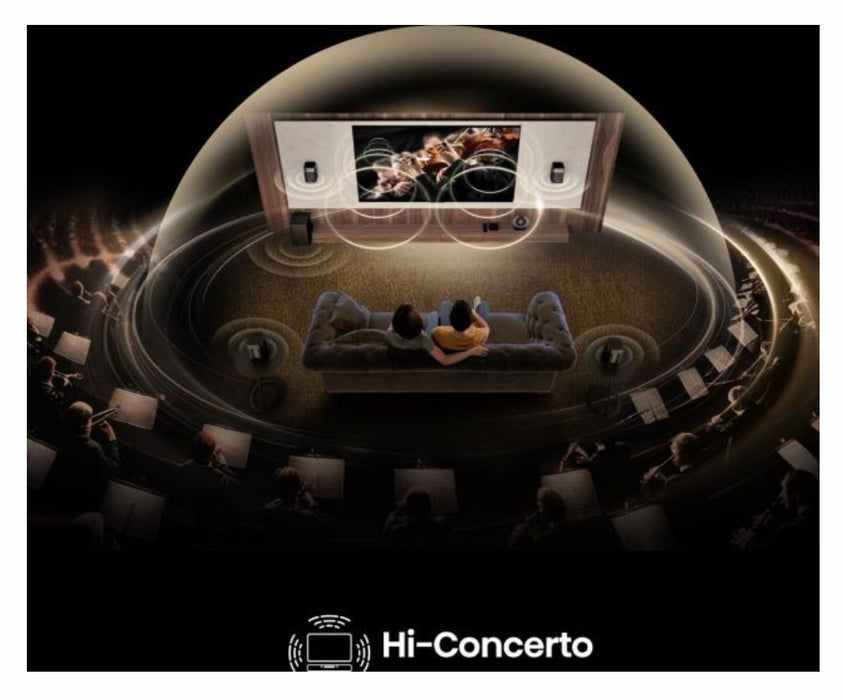 Hisense HT Saturn, 4.1.2Ch Sound Bar с безжичен субуфер, 720 W, Dolby Atmos, настроен от Devialet, DTS:X, четири сателитни високоговорителя, черен