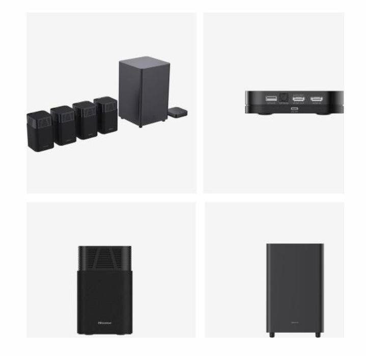 Hisense HT Saturn, 4.1.2Ch Sound Bar с безжичен субуфер, 720 W, Dolby Atmos, настроен от Devialet, DTS:X, четири сателитни високоговорителя, черен