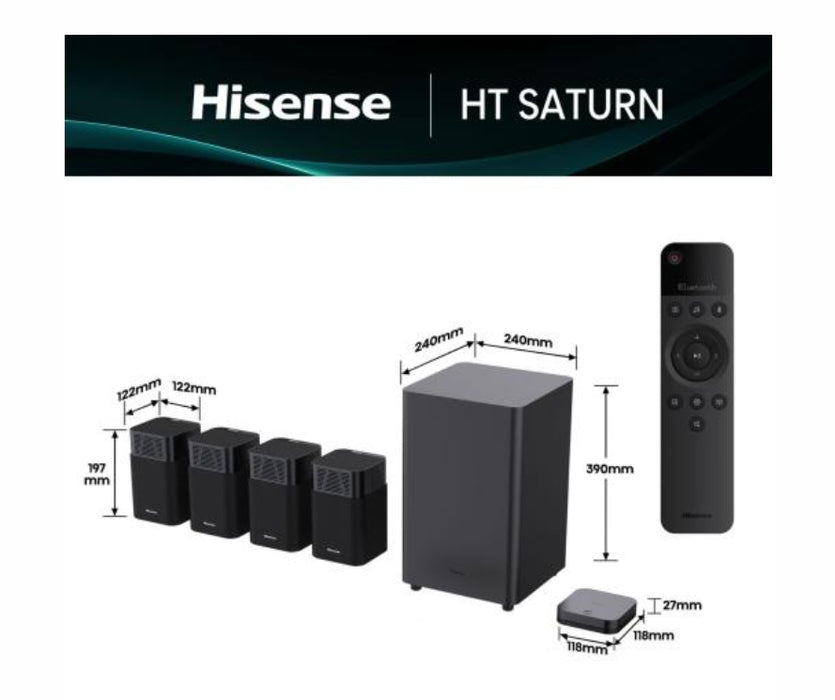 Hisense HT Saturn, 4.1.2Ch Sound Bar с безжичен субуфер, 720 W, Dolby Atmos, настроен от Devialet, DTS:X, четири сателитни високоговорителя, черен