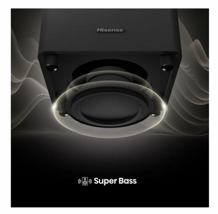 Hisense HT Saturn, 4.1.2Ch Sound Bar с безжичен субуфер, 720 W, Dolby Atmos, настроен от Devialet, DTS:X, четири сателитни високоговорителя, черен