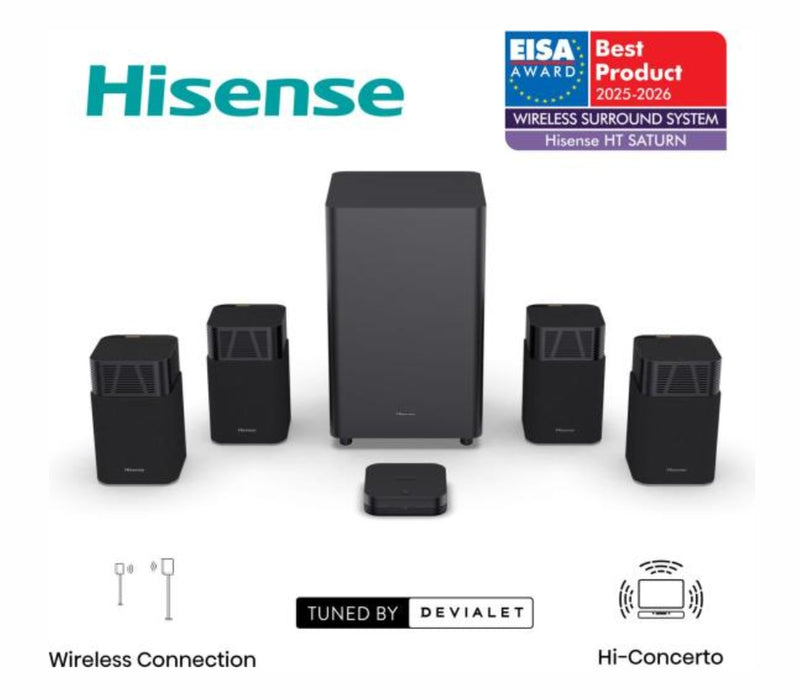 Hisense HT Saturn, 4.1.2Ch Sound Bar с безжичен субуфер, 720 W, Dolby Atmos, настроен от Devialet, DTS:X, четири сателитни високоговорителя, черен