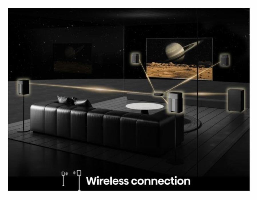 Hisense HT Saturn, 4.1.2Ch Sound Bar с безжичен субуфер, 720 W, Dolby Atmos, настроен от Devialet, DTS:X, четири сателитни високоговорителя, черен