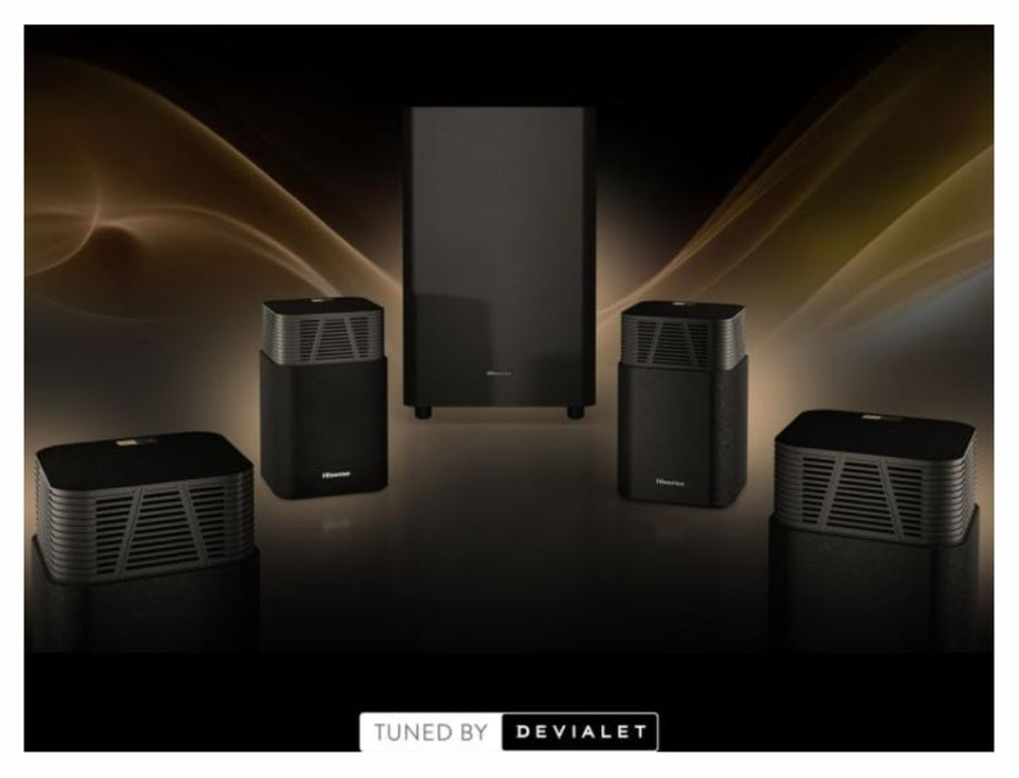 Hisense HT Saturn, 4.1.2Ch Sound Bar с безжичен субуфер, 720 W, Dolby Atmos, настроен от Devialet, DTS:X, четири сателитни високоговорителя, черен