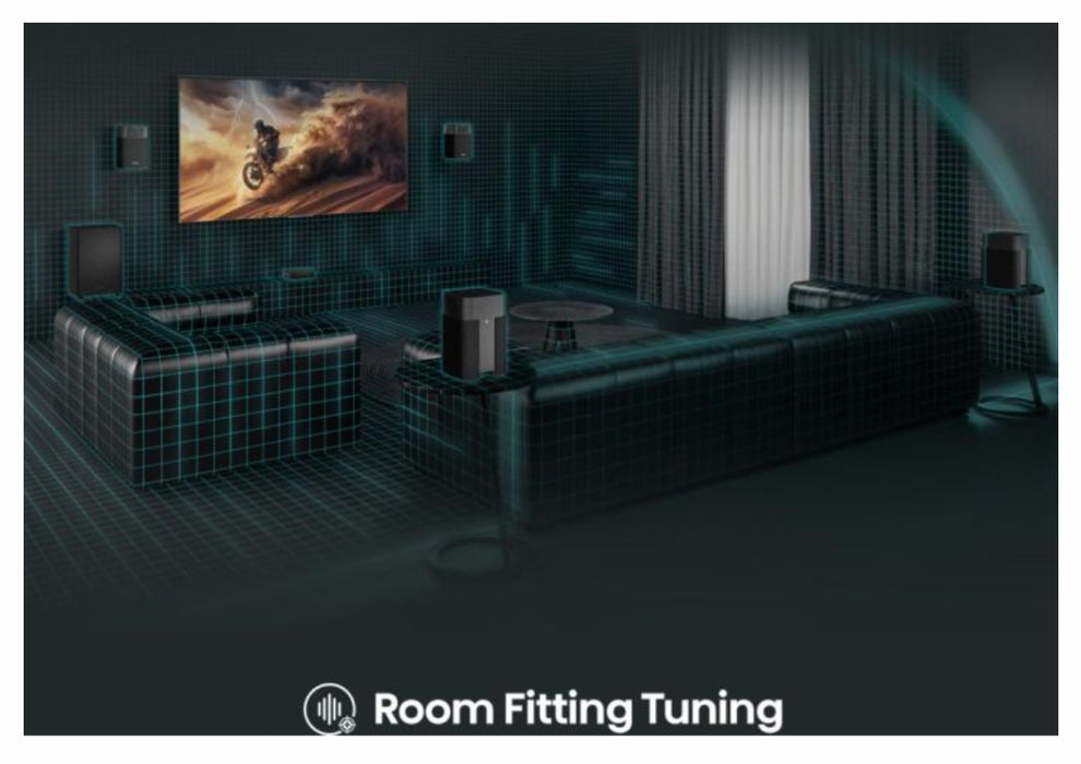 Hisense HT Saturn, 4.1.2Ch Sound Bar с безжичен субуфер, 720 W, Dolby Atmos, настроен от Devialet, DTS:X, четири сателитни високоговорителя, черен