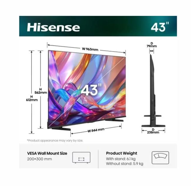 Телевизор HISENSE 43E7S, 43", Hi-QLED, Smart TV, 4K, 60 Hz