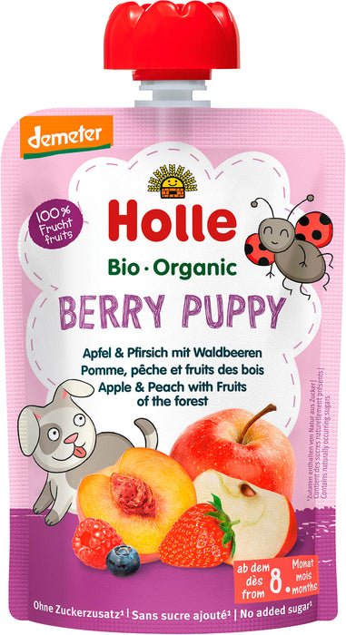 Био пюре Berry Puppy с ябълка, праскова и горски плод 8м+, 100 g