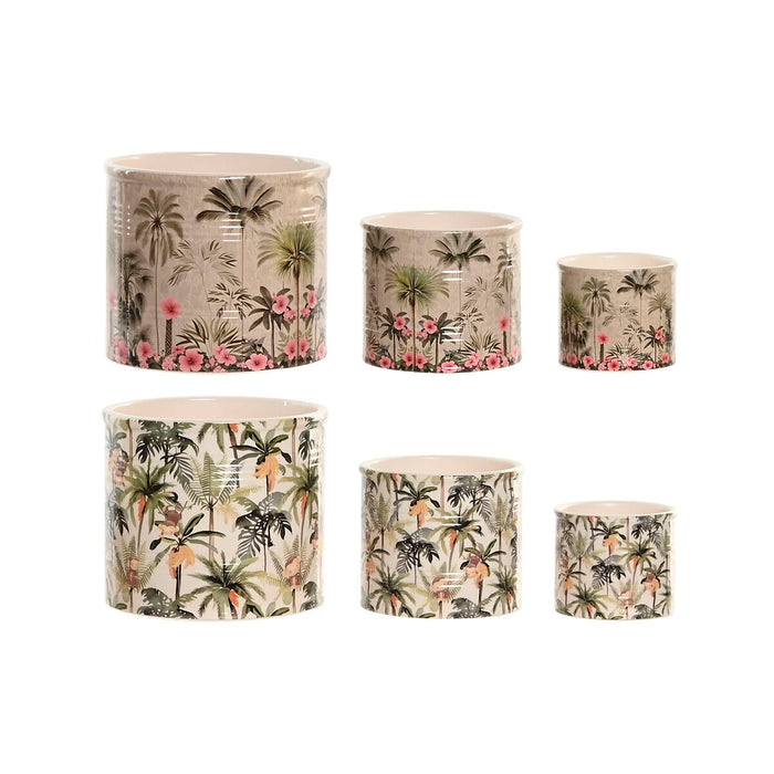 Саксия Home ESPRIT Зелен Многоцветен Керамика Тропически 13,6 X 13,6 X 11,8 CM (3 Части) (2 броя)