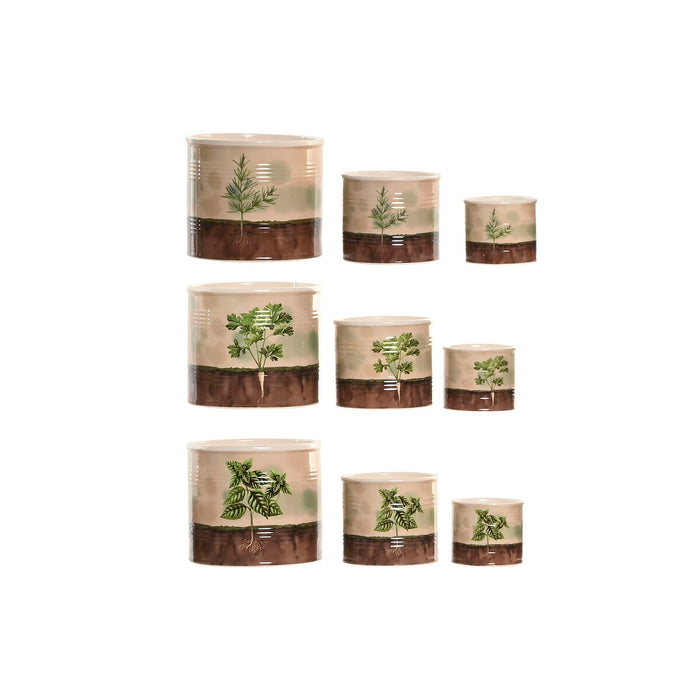 Саксия Home ESPRIT Кафяв Зелен Керамика Cottage 13,6 X 13,6 X 11,8 CM (3 Части) (3 броя)