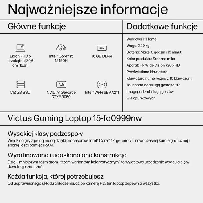 HP Victus 15-fa0999nw i5-12450H 15,6’’FHD AG IPS 144Hz 16GB