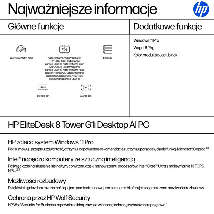 HP EliteDesk 8 Tower G1i Ultra 7 265 16GB DDR5 56000 SSD1TB Arc W11Pro 3 години на място