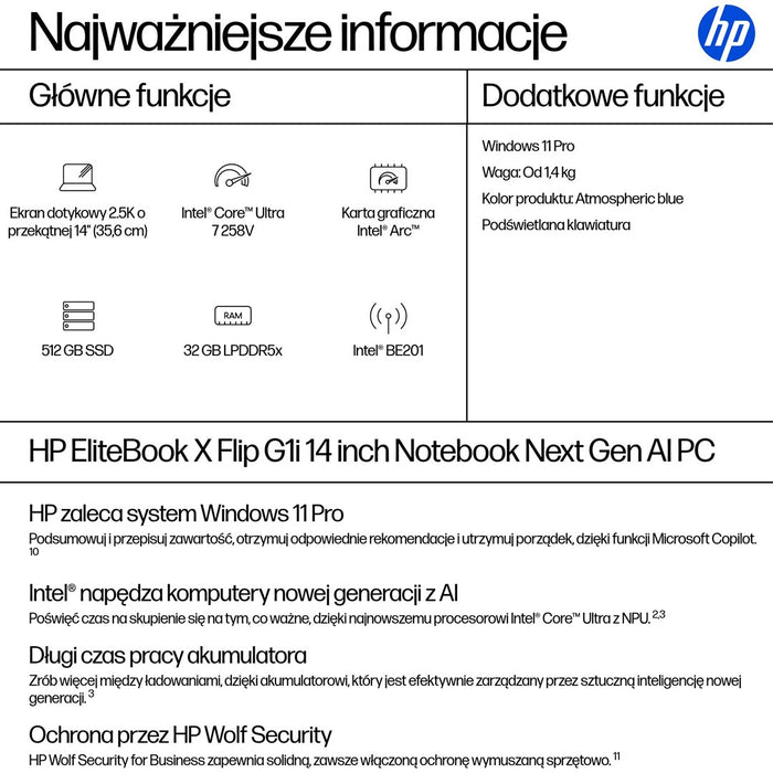 HP EliteBook X G1i Flip Ultra 7 258V 14" 2.5K сензорен екран 800 нита 120Hz AG 32GB LPDDR5x-8533 SSD512 Intel Arc Cam IR 5 Mpx AI 68Wh W11Pro син алуминий 3-годишен на място