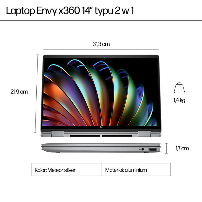 HP Envy x360 14-fa0016nw Ryzen 7 8840HS 14"WUXGA Touch 300nits 16GB LPDDR5-6400 SSD512 Radeon 780M Cam 5 Mpx IR 59Wh Win11 Meteor Silver Aluminum 2Y