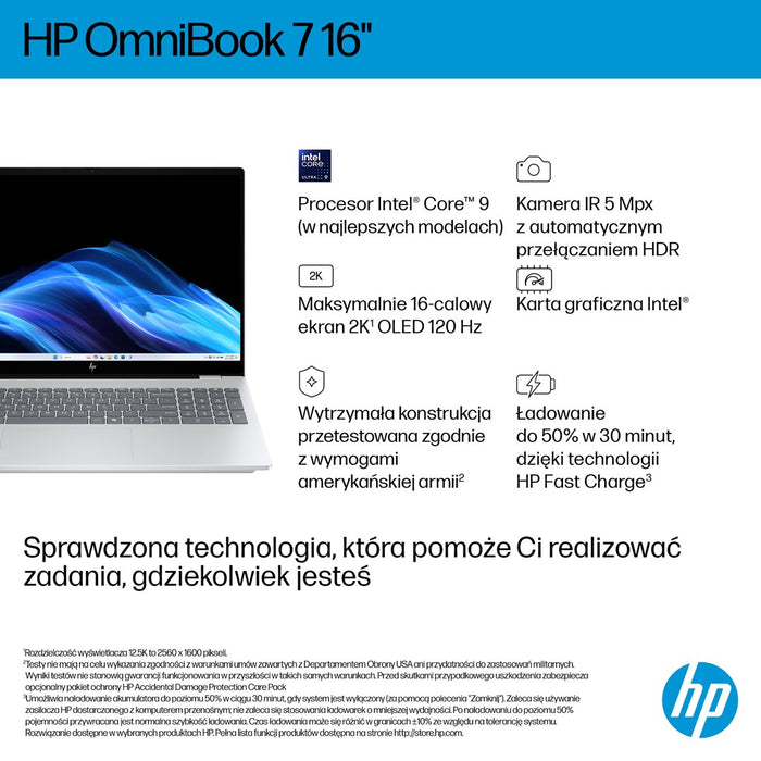 HP OmniBook 7 16-az0222nw, Core 5 210H, 16" 2K, 300 кд/16GB, DDR5 5200 SSD, 512 GB, Intel Graphics 6400, 5 Mpx, IR, 70 Wh, Win11, Glacial Silver, 2 години гаранция