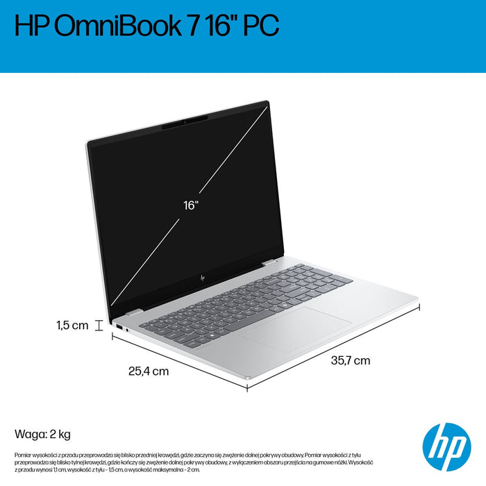 HP OmniBook 7 16-az0222nw, Core 5 210H, 16" 2K, 300 кд/16GB, DDR5 5200 SSD, 512 GB, Intel Graphics 6400, 5 Mpx, IR, 70 Wh, Win11, Glacial Silver, 2 години гаранция