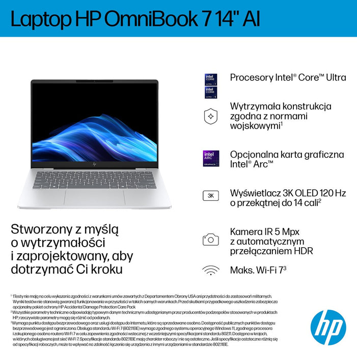HP OmniBook 7 AI 14-fr0220nw Ultra 5 225U 14"2K OLED 300nits LBL 16GB LPDDR5-7467 SSD512 Intel Graphics Cam 5 Mpx IR 68Wh Win11 Glacial Silver 2Y