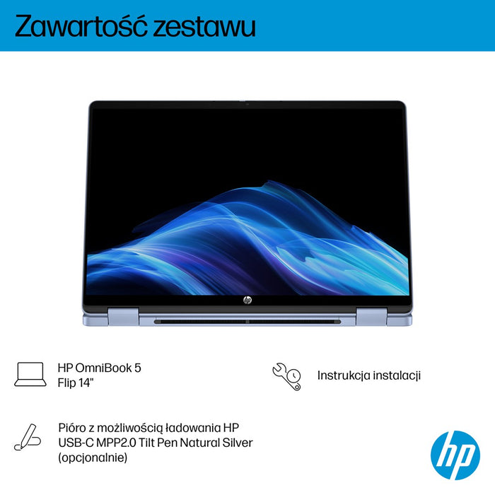 HP OmniBook 5 Flip 14-fp0004nw Core 5 120U 14"2K Touch IPS 300nits 16GB LPDDR5 5200 SSD512 Intel Graphics Cam 1080p 68Wh Win11 Blue Sky 2Y