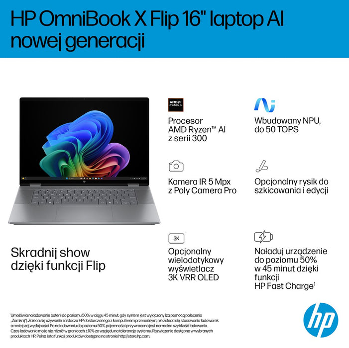 HP OmniBook X Flip 16-ar0016nw Ryzen AI 5 340 16.0"2K Touch OLED IPS 300nits AG 16GB LPDDR5X SSD1TB Radeon 840M Cam 5MPx + IR 68Wh Win11 Meteor Silver 2Y