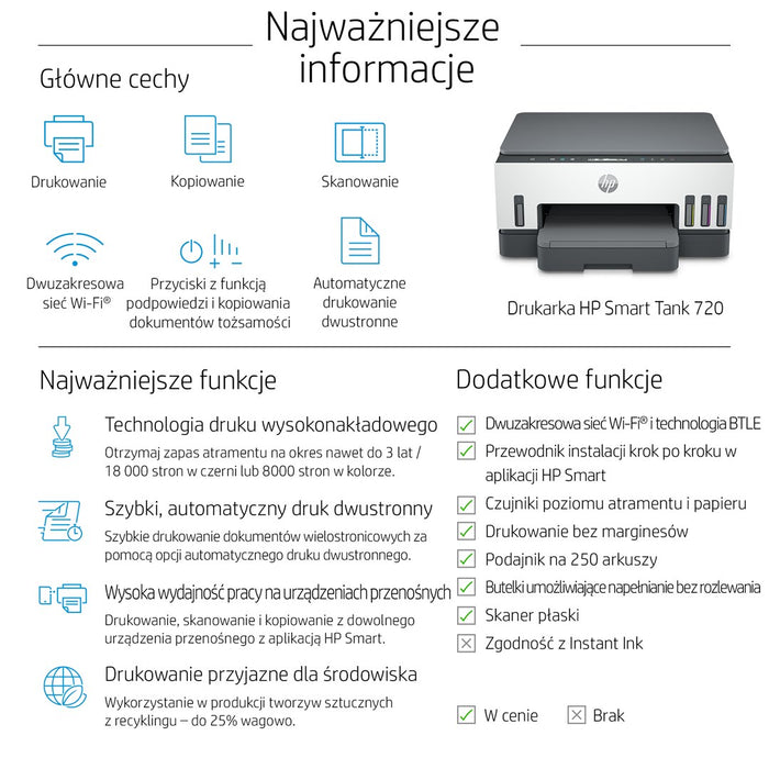 HP Smart Tank 720 All-in-One A4 Цветен двулентов WiFi Печат Сканиране Копиране Мастиленоструен 15/9 стр./мин