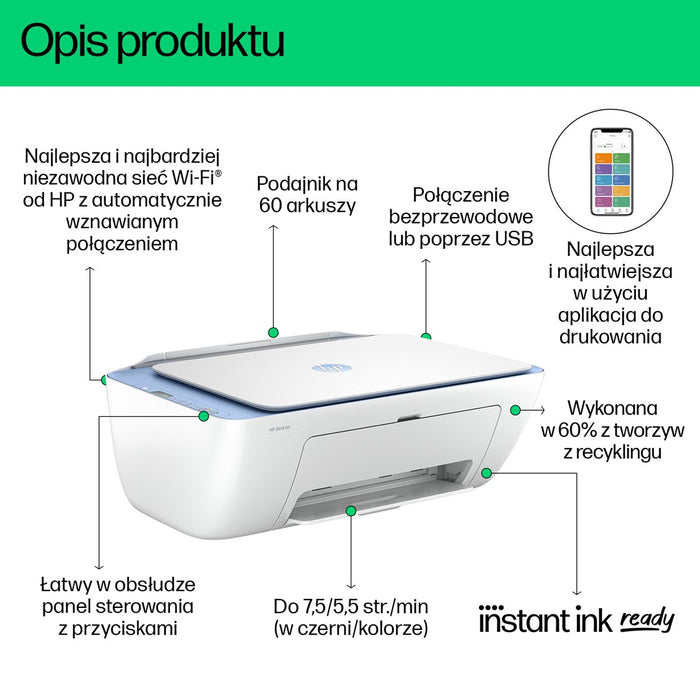 HP DeskJet 2822e All-in-One A4 Цветен Wi-Fi USB 2.0 Печат Копиране Сканиране Мастиленоструйно 5.5/7.5 стр./мин. Незабавна готовност за мастило