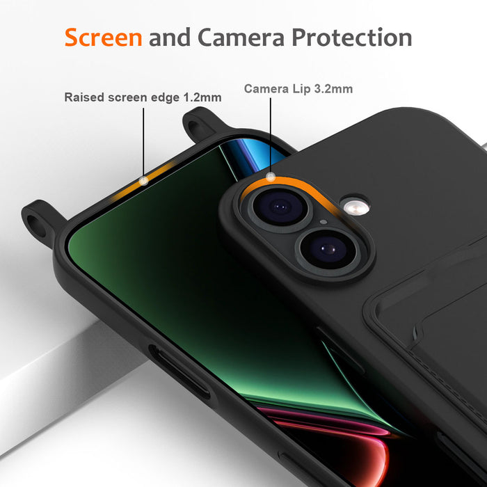 iPhone 17 TPU калъф с държач за карти и презрамка за носене през тялото - Черен