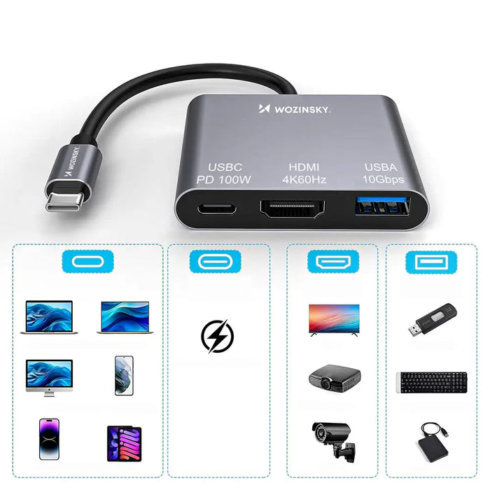 Хъб Wozinsky WHCH-01 USB-C PD 100W HDMI 4K@30Hz USB-A