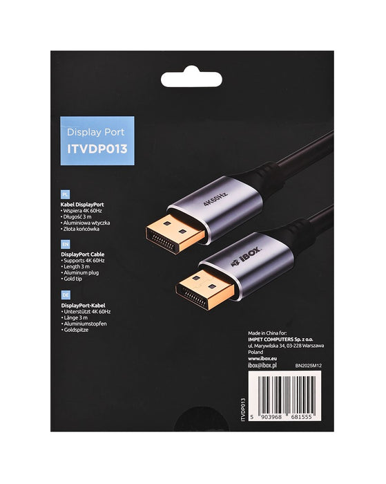 iBox ITVDP013 DisplayPort кабел 4K 60Hz златен щепсел 3 м