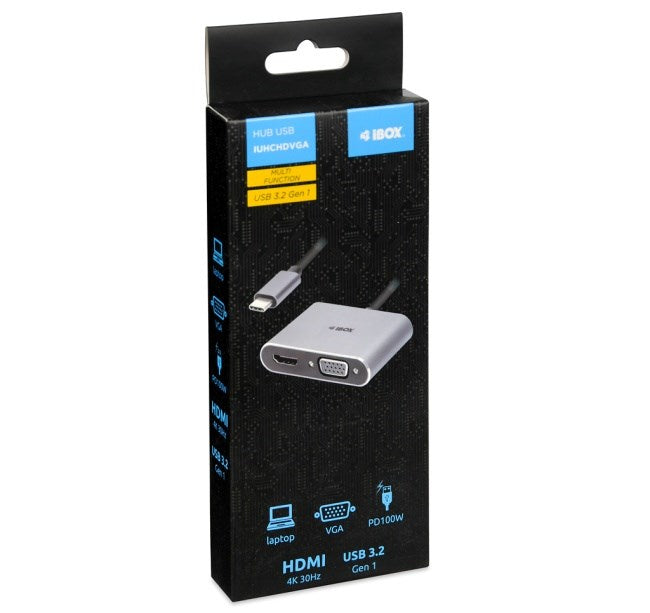 iBox IUHCHDVGA USB Type-C хъб 4-в-1 USB 3.0 + PD 100W + HDMI 4K 30Hz + VGA Full HD